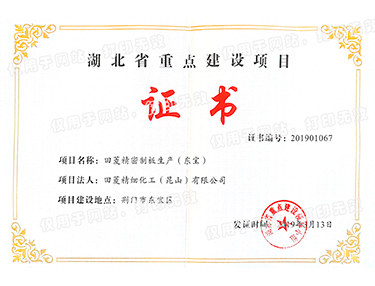 Hubei Province Key Construction Project Certificate